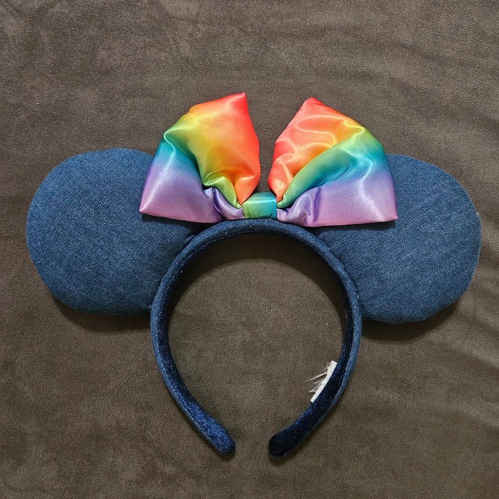 Disney Parks Pride Mickey Minnie Mouse Denim Rainbow Bow Ear Headband Blue